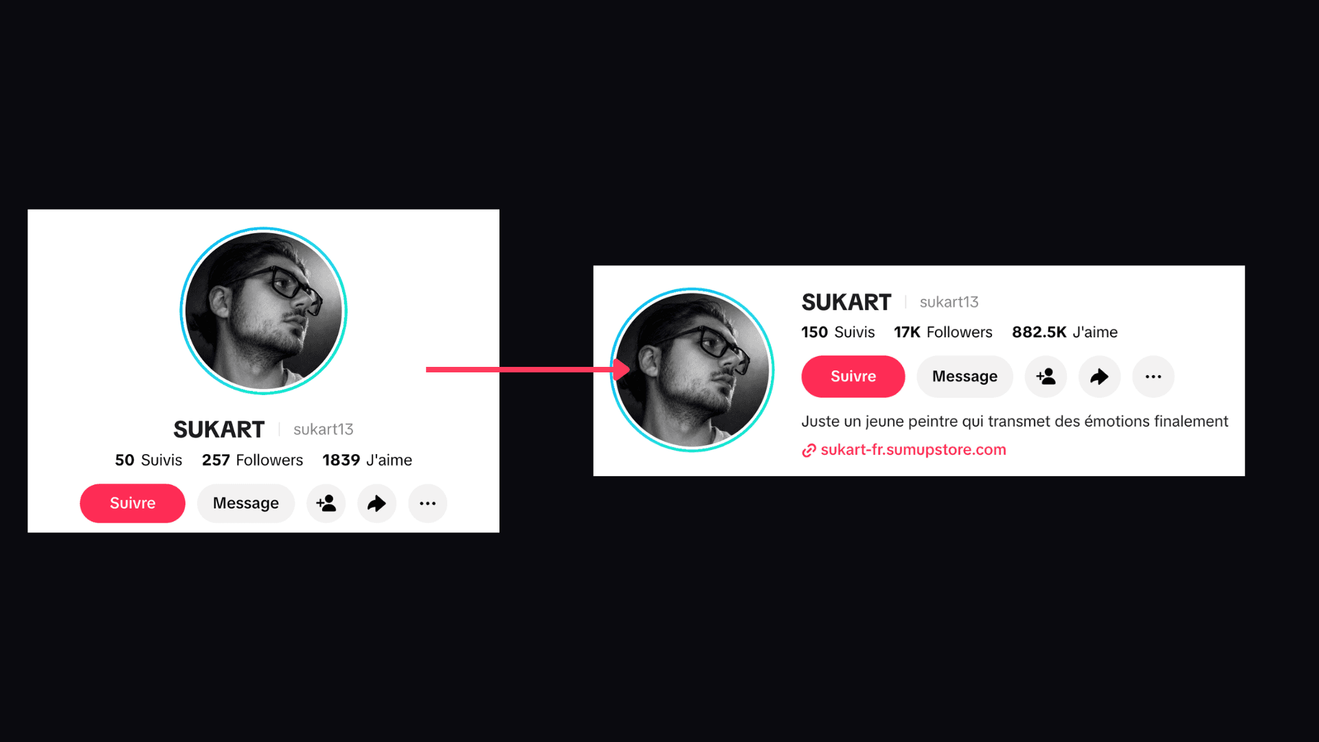 Résultats obtenus pour Sukart : Un artiste me contacte parce qu'il n'arrive pas à faire de vues sur les réseaux. Cinq mois après avoir appliqué les conseils donnés : plus de 15 000 abonnés sur TikTok, et son art est devenu son métier.